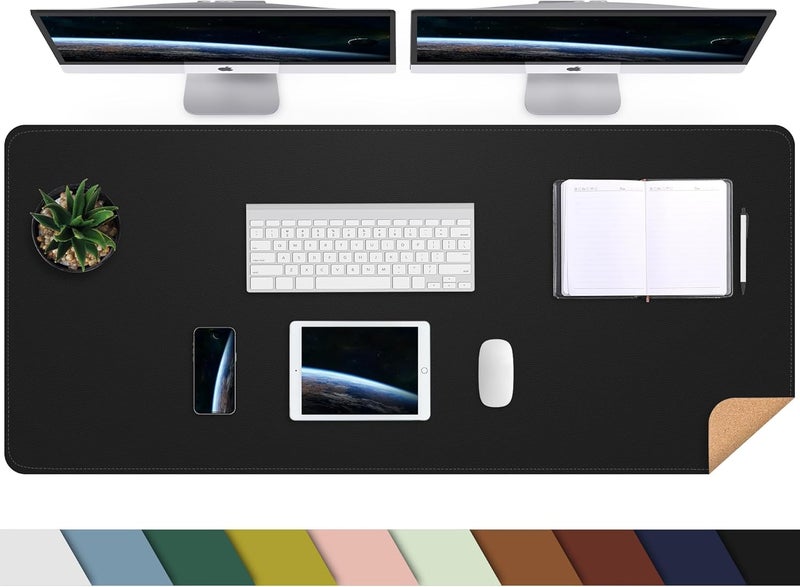 AFIING Large Desk Mat 47.2" x 17" Leather Desk Pad Protector with Natural Cork & PU Leather, Non-Slip Office Desk Mat, Large Mouse Pad, Waterproof Desk Blotter pad for Office&Home(Black) - Image 1